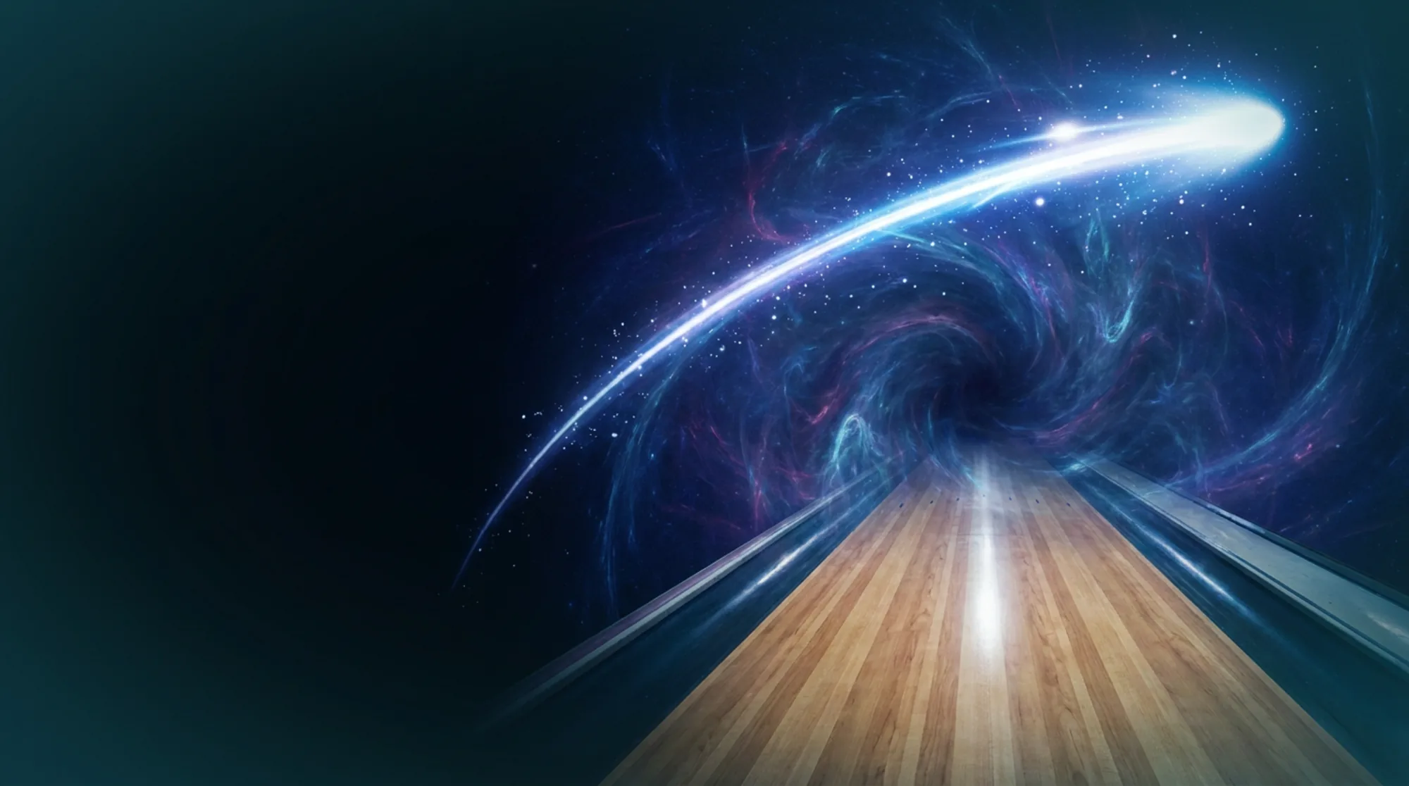 A bowling lane receding into a blue nebula